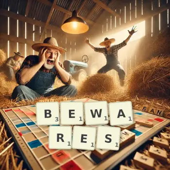 Creative illustration for a Scrabble game with the word BEWARES spelled out in tiles on the board.