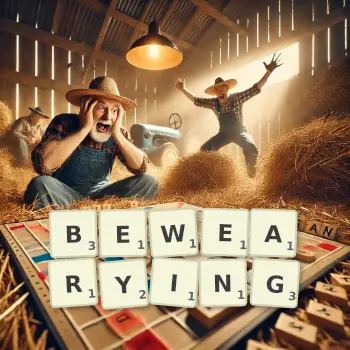 Creative illustration for a Scrabble game with the word BEWEARYING spelled out in tiles on the board.