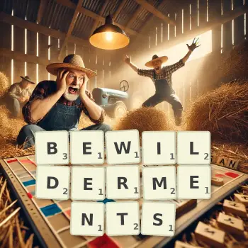Creative illustration for a Scrabble game with the word BEWILDERMENTS spelled out in tiles on the board.