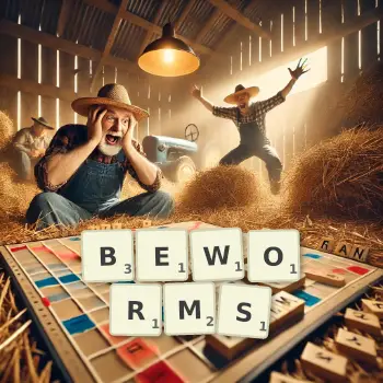 Creative illustration for a Scrabble game with the word BEWORMS spelled out in tiles on the board.