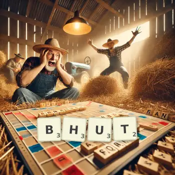 Creative illustration for a Scrabble game with the word BHUT spelled out in tiles on the board.