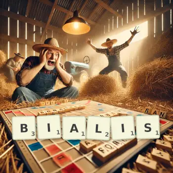 Creative illustration for a Scrabble game with the word BIALIS spelled out in tiles on the board.