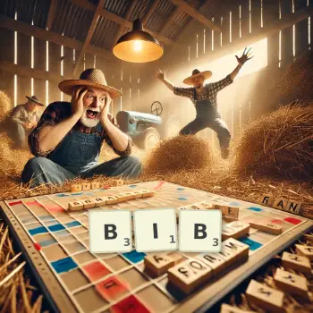 Creative illustration for a Scrabble game with the word BIB spelled out in tiles on the board.
