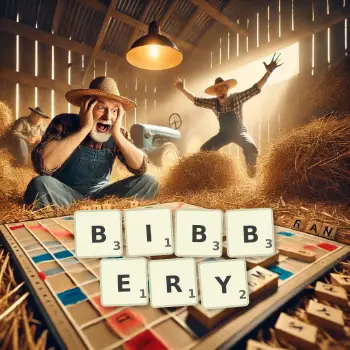 Creative illustration for a Scrabble game with the word BIBBERY spelled out in tiles on the board.