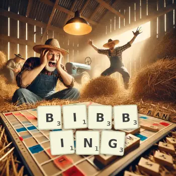 Creative illustration for a Scrabble game with the word BIBBING spelled out in tiles on the board.