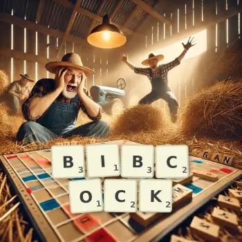 Creative illustration for a Scrabble game with the word BIBCOCK spelled out in tiles on the board.