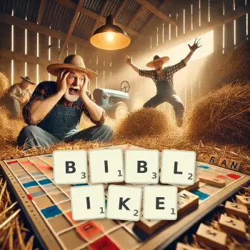 Creative illustration for a Scrabble game with the word BIBLIKE spelled out in tiles on the board.