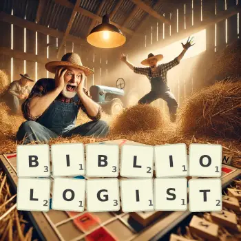 Creative illustration for a Scrabble game with the word BIBLIOLOGIST spelled out in tiles on the board.