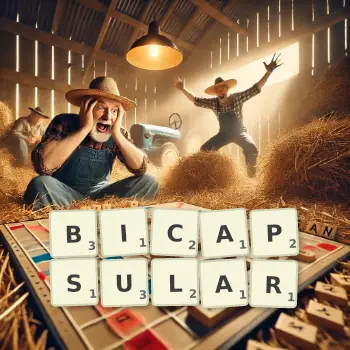 Creative illustration for a Scrabble game with the word BICAPSULAR spelled out in tiles on the board.