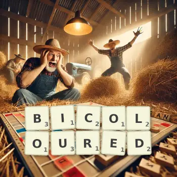 Creative illustration for a Scrabble game with the word BICOLOURED spelled out in tiles on the board.