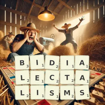 Creative illustration for a Scrabble game with the word BIDIALECTALISMS spelled out in tiles on the board.