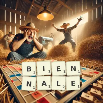 Creative illustration for a Scrabble game with the word BIENNALE spelled out in tiles on the board.