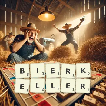 Creative illustration for a Scrabble game with the word BIERKELLER spelled out in tiles on the board.