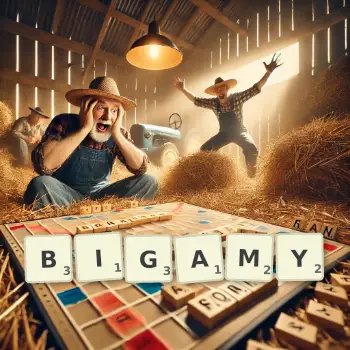 Creative illustration for a Scrabble game with the word BIGAMY spelled out in tiles on the board.