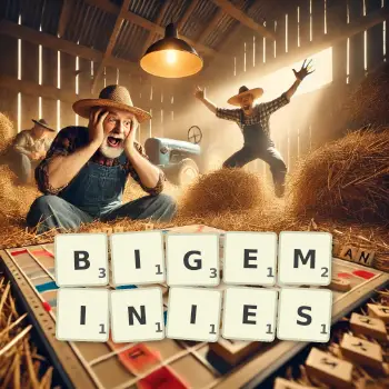 Creative illustration for a Scrabble game with the word BIGEMINIES spelled out in tiles on the board.