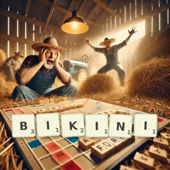 Creative illustration for a Scrabble game with the word BIKINI spelled out in tiles on the board.
