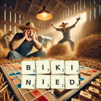 Creative illustration for a Scrabble game with the word BIKINIED spelled out in tiles on the board.
