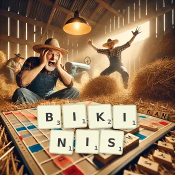 Creative illustration for a Scrabble game with the word BIKINIS spelled out in tiles on the board.