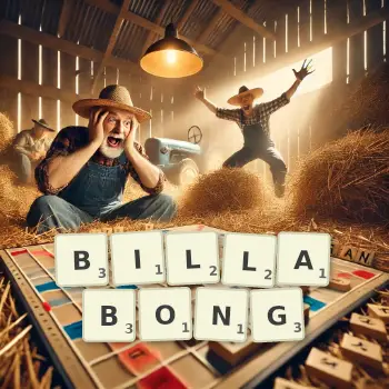 Creative illustration for a Scrabble game with the word BILLABONG spelled out in tiles on the board.
