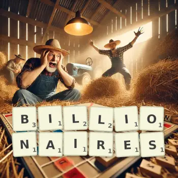 Creative illustration for a Scrabble game with the word BILLIONAIRES spelled out in tiles on the board.