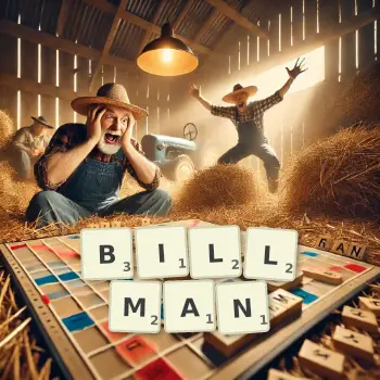 Creative illustration for a Scrabble game with the word BILLMAN spelled out in tiles on the board.