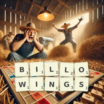 Creative illustration for a Scrabble game with the word BILLOWINGS spelled out in tiles on the board.