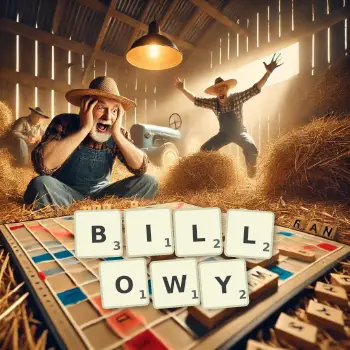 Creative illustration for a Scrabble game with the word BILLOWY spelled out in tiles on the board.