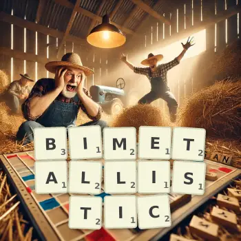 Creative illustration for a Scrabble game with the word BIMETALLISTIC spelled out in tiles on the board.