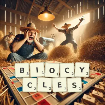Creative illustration for a Scrabble game with the word BIOCYCLES spelled out in tiles on the board.