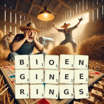 Creative illustration for a Scrabble game with the word BIOENGINEERINGS spelled out in tiles on the board.