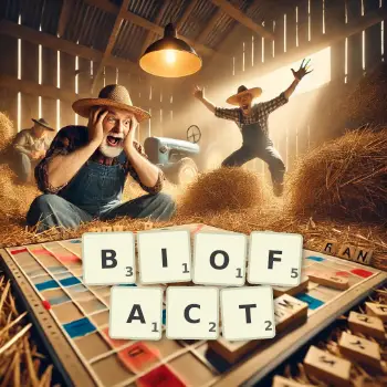 Creative illustration for a Scrabble game with the word BIOFACT spelled out in tiles on the board.