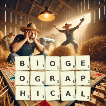 Creative illustration for a Scrabble game with the word BIOGEOGRAPHICAL spelled out in tiles on the board.