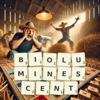 Creative illustration for a Scrabble game with the word BIOLUMINESCENT spelled out in tiles on the board.
