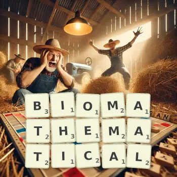 Creative illustration for a Scrabble game with the word BIOMATHEMATICAL spelled out in tiles on the board.