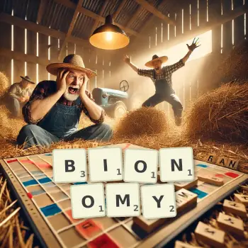 Creative illustration for a Scrabble game with the word BIONOMY spelled out in tiles on the board.