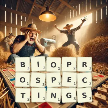 Creative illustration for a Scrabble game with the word BIOPROSPECTINGS spelled out in tiles on the board.