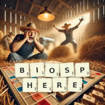 Creative illustration for a Scrabble game with the word BIOSPHERE spelled out in tiles on the board.