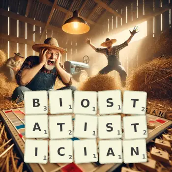 Creative illustration for a Scrabble game with the word BIOSTATISTICIAN spelled out in tiles on the board.