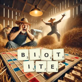 Creative illustration for a Scrabble game with the word BIOTITE spelled out in tiles on the board.