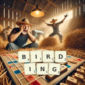 Creative illustration for a Scrabble game with the word BIRDING spelled out in tiles on the board.