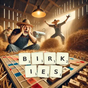 Creative illustration for a Scrabble game with the word BIRKIES spelled out in tiles on the board.