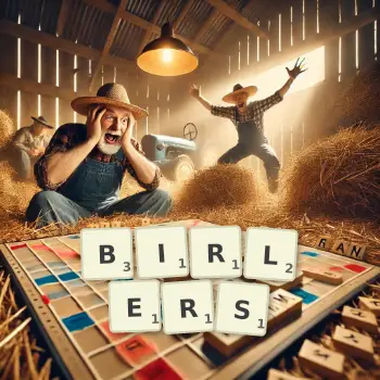 Creative illustration for a Scrabble game with the word BIRLERS spelled out in tiles on the board.