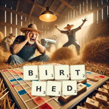 Creative illustration for a Scrabble game with the word BIRTHED spelled out in tiles on the board.
