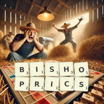 Creative illustration for a Scrabble game with the word BISHOPRICS spelled out in tiles on the board.