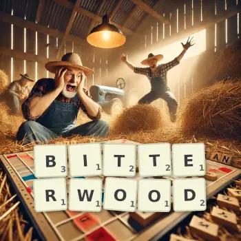 Creative illustration for a Scrabble game with the word BITTERWOOD spelled out in tiles on the board.