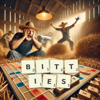 Creative illustration for a Scrabble game with the word BITTIES spelled out in tiles on the board.