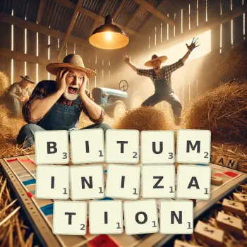 Creative illustration for a Scrabble game with the word BITUMINIZATION spelled out in tiles on the board.
