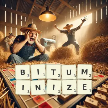 Creative illustration for a Scrabble game with the word BITUMINIZE spelled out in tiles on the board.