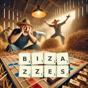 Creative illustration for a Scrabble game with the word BIZAZZES spelled out in tiles on the board.