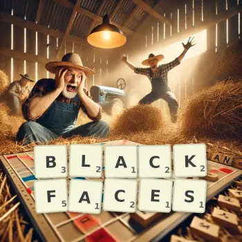 Creative illustration for a Scrabble game with the word BLACKFACES spelled out in tiles on the board.